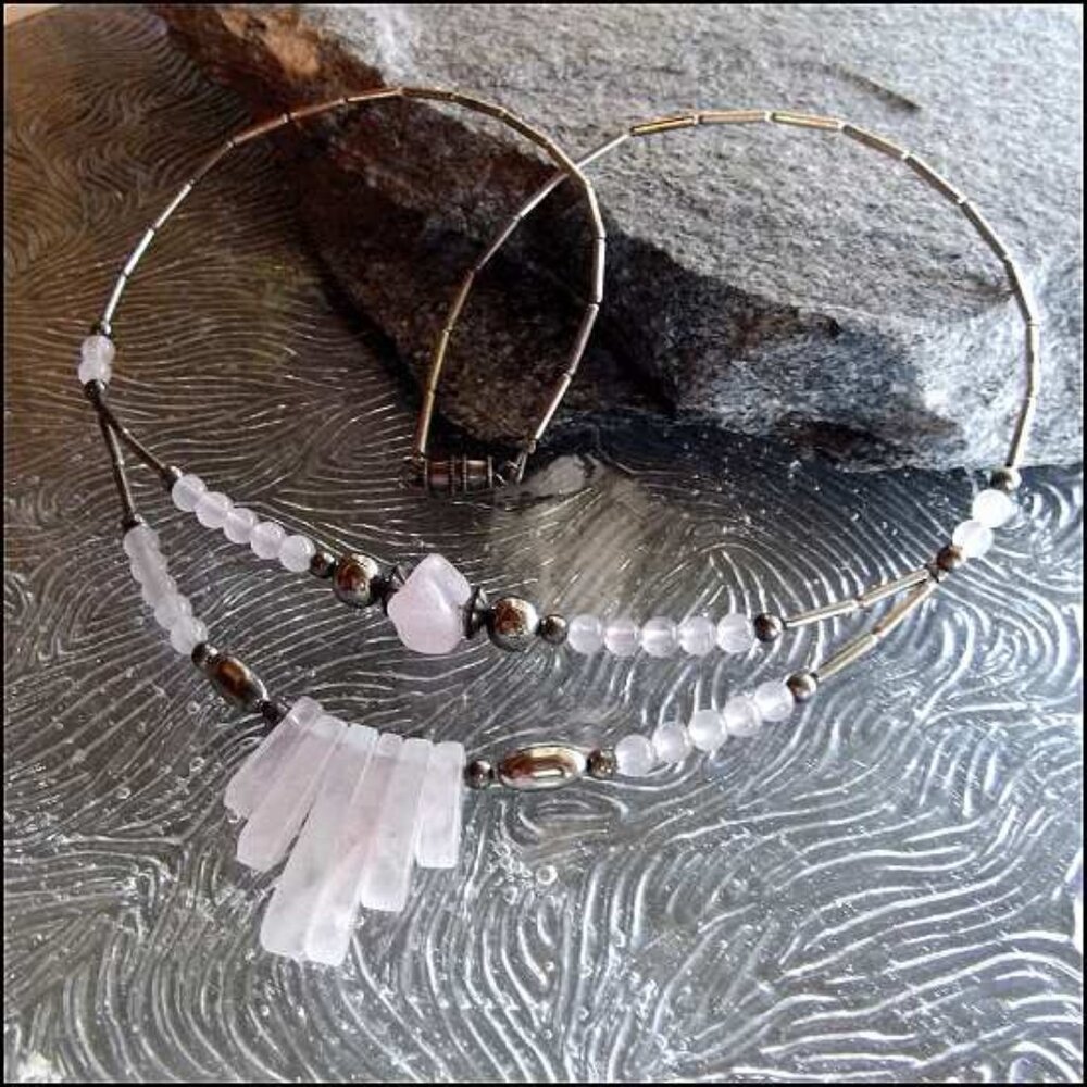 1970s Retro Vintage Gemstone Necklace Sterling Silver w Pink Quartz